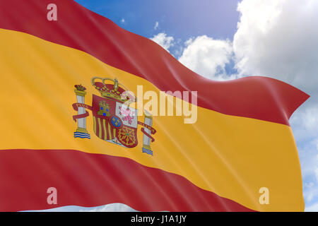 3D rendering of Spain flag waving on blue sky background, The Fiesta Nacional de Espana is the national day of Spain. It is held annually on October 1 Stock Photo