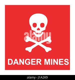 Vector image of red sign with skull and text *Danger mines* Stock Vector