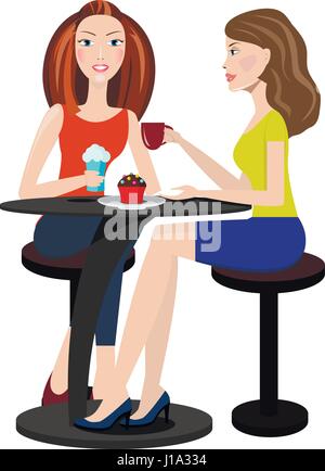 Two beautiful women sitting in a cafe and talking Stock Vector