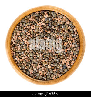 Radish seeds and green speckled lentils in wooden bowl. Raphanus sativus and Lens culinaris. Spicy seed mix for sprouting. Isolated macro food photo. Stock Photo