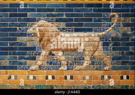 Coloured glazed brick panels depicting Lions stiding from the facade of the Throne Room dating from 604-562 BC. Babylon (present day Iraq). The throne Stock Photo