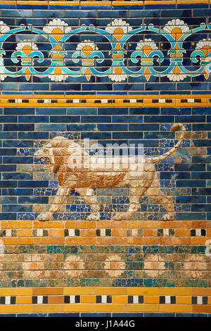 Coloured glazed brick panels depicting Lions stiding from the facade of the Throne Room dating from 604-562 BC. Babylon (present day Iraq). The throne Stock Photo