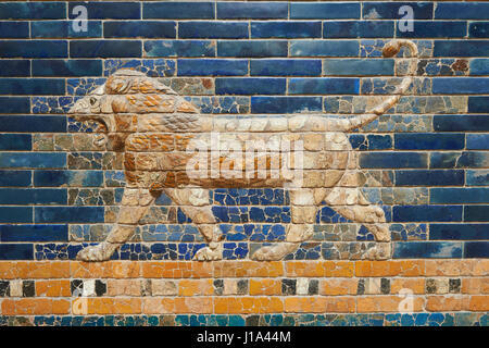 Coloured glazed brick panels depicting Lions stiding from the facade of the Throne Room dating from 604-562 BC. Babylon (present day Iraq). The throne Stock Photo