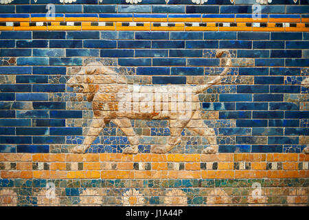 Coloured glazed brick panels depicting Lions stiding from the facade of the Throne Room dating from 604-562 BC. Babylon (present day Iraq). The throne Stock Photo