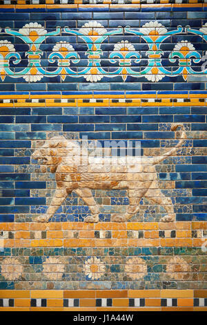 Coloured glazed brick panels depicting Lions stiding from the facade of the Throne Room dating from 604-562 BC. Babylon (present day Iraq). The throne Stock Photo