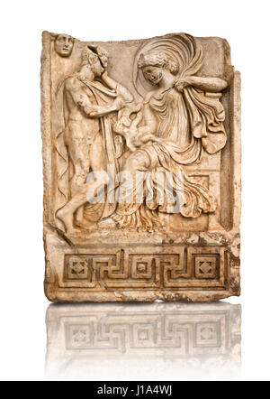 Roman temple releif freize sculpture of Aphrodite & Anchises, Aphrodisias Museum, Aphrodisias, Turkey The trojan shepherd Anchises gazes at a seated A Stock Photo