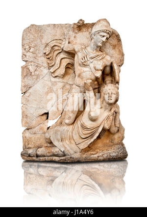 Photo of Roman releif sculpture of Emperor Claudius About to vanquish Britanica, South Building, Rooms 1-3, Aphrodisias Museum, Aphrodisias, Turkey. N Stock Photo