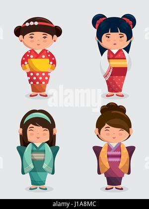 cute japanese girls group kawaii style Stock Vector