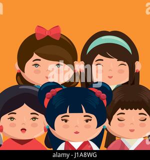 cute japanese girls group kawaii style Stock Vector