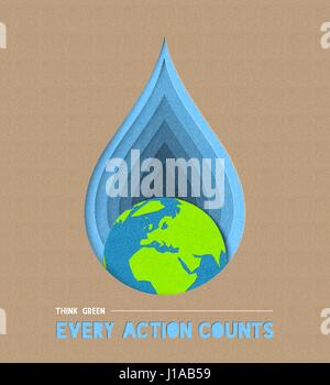 Earth day paper cut concept illustration for water and environment care with powerful quote. EPS10 vector. Stock Vector
