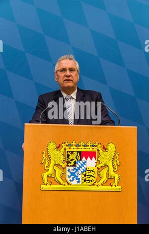 Munich, Bavaria, Germany. 19th Apr, 2017. Joachim Herrmann. The Bavarian Verfassungsschutz (Bavarian State Office for Protection of the Constitution) released today their 2016 report and held a press conference in conjunction. The main speaker was Bavarian Interior Minister Joachim Hermann, along with Dr. Burkhard KÃ¶rner and Petra Platzgummer-Martin Among the threats discussed in detail are Islamists, threats related to foreign conflicts, Reichsbuerger (sovereign citizens), left-extremists, and right-extremists. The Interior Ministry furthermore indicated that the head of Bavaria's fa Stock Photo