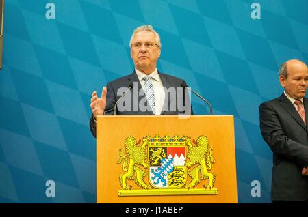 Munich, Bavaria, Germany. 19th Apr, 2017. Joachim Herrmann. The Bavarian Verfassungsschutz (Bavarian State Office for Protection of the Constitution) released today their 2016 report and held a press conference in conjunction. The main speaker was Bavarian Interior Minister Joachim Hermann, along with Dr. Burkhard KÃ¶rner and Petra Platzgummer-Martin Among the threats discussed in detail are Islamists, threats related to foreign conflicts, Reichsbuerger (sovereign citizens), left-extremists, and right-extremists. The Interior Ministry furthermore indicated that the head of Bavaria's fa Stock Photo