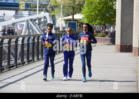 Tower Bridge,London,UK,19th April 2017,A Photocall with the elite women: Tigist Tufa,(Ethiopia) Mare Dibaba(Ethiopia) and Tirunesh Dibaba,(Ethiopia) by Tower Bridge today ahead of the Virgin Money London Marathon on Sunday 23rd April 2017©Keith Larby/Alamy Live News Stock Photo