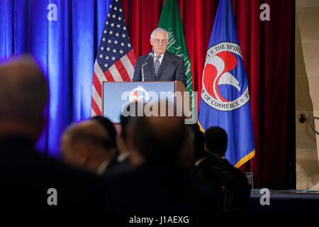 Washington, USA. 19th April, 2017.  US Secretary of State, Rex Tillerson, speaks at the US-Saudi Arabia CEO Summit. Credit: B Christopher/Alamy Live News Stock Photo