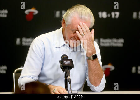 Miami, FL, USA. 19th Apr, 2017. Miami Heat president Pat Riley holds his end-of-season press conference where he discussed a variety of topics including his disappointment that the team did not make the playoffs, the team's plans for the future, and his own plans moving forward. Mike Stocker, South Florida Sun-Sentinel Credit: Sun-Sentinel/ZUMA Wire/Alamy Live News Stock Photo