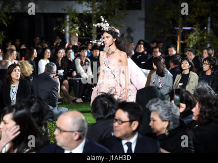 Tokyo, Japan. 19th Apr, 2017. A model displays a creation designed by Italian designer Maria Grazia Chiuri during Dior's 2017 spring-summer haute couture collection at the rooftop of the Ginza Six in Tokyo on Wednesday, April 19, 2017. Tokyo's new landmark Ginza Six will open on April 20 where Dior will have its flagship store. Credit: Yoshio Tsunoda/AFLO/Alamy Live News Stock Photo