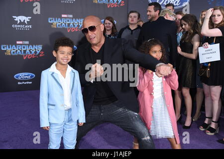 Los Angeles, California, USA. 19th April, 2017. Los Angeles, United States. 19th Apr, 2017. Vin Diesel with kids Vincent and Hania Riley 'Guardians of the Galaxy Vol. 2', film premiere, Arrivals, Los Angeles, USA - 19 Apr 2017 Dolby Theatre Photo Credit: James Smeal/Alamy Live News Stock Photo