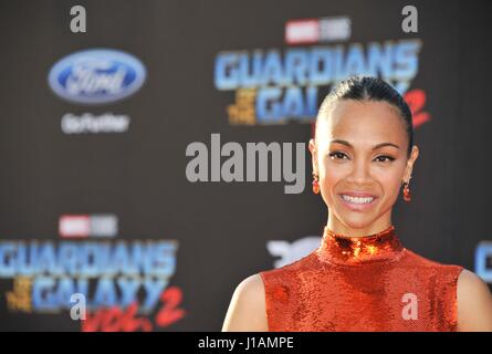 Los Angeles, CA, USA. 19th Apr, 2017. Zoe Saldana at arrivals for GUARDIANS OF THE GALAXY VOL. 2 Premiere, The Dolby Theatre at Hollywood and Highland Center, Los Angeles, CA April 19, 2017. Credit: Elizabeth Goodenough/Everett Collection/Alamy Live News
