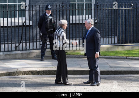 London, UK. 20th Apr, 2017. Theresa May, the British Prime Minister, greeting President of the European Parliament, Antonio Tajani, as he arrives at 10 Downing Street, the official residence and the office of the British Prime Minister, London, UK London, UK - 20 Apr 2017 Credit: Alex MacNaughton/Alamy Live News Stock Photo