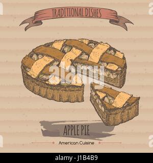 Color vintage apple pie sketch on cardboard background. Traditional dishes collection. Stock Vector