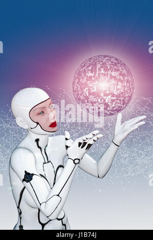 White female cyborg watching floating sphere Stock Photo