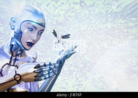 Female cyborg watching flying robot insect Stock Photo