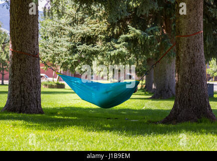 Large person relaxing reading in a hammock in a city park in Colorado, USA in summer Stock Photo