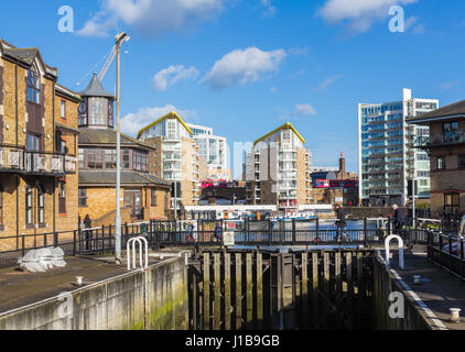 Lock gates into canal leading to Limehouse Basin Marina in Docklands, London, England Stock Photo