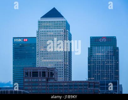 London Banks, Canary Wharf at dusk - Barclays, HSBC, State Street ...