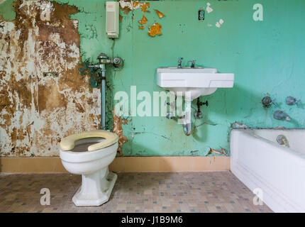 Old bathroom and toilet inside Trans-Allegheny Lunatic Asylum heritage centre in Weston, West Virginia, USA Stock Photo