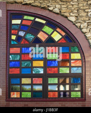 Texture of the old multi-colored stained-glass windows, background. Stock Photo