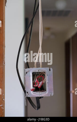 Electrical wires exposed in a junction box during a major house renovation. Stock Photo