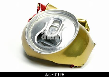 crushed beverage can isolated on white background Stock Photo