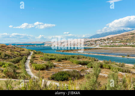 Contemporary Pag town seen from old Pag town (Stari grad), Pag island, Croatia Stock Photo