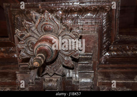 India, Kanyakumari District, State of Tamil Nadu. Padmanabhapuram Palace, circa 1601 AD, the largest wooden palace in India, detail of Keralan archite Stock Photo