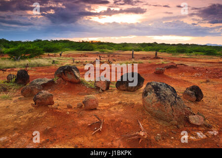 Panama landscape with boulders and evening light in the desert of Sarigua National Park, Herrera province, Republic of Panama, Central America. Stock Photo