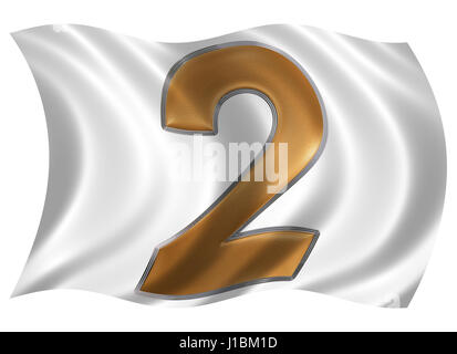 In the wind fluttering the flag with numeral 2, two, isolated on white background, 3d render Stock Photo