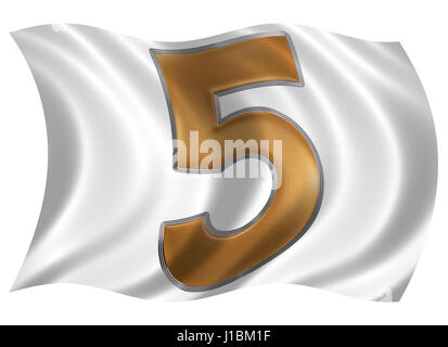 In the wind fluttering the flag with numeral 5, five, isolated on white background, 3d render Stock Photo