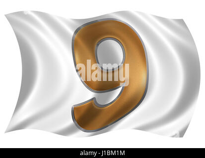 In the wind fluttering the flag with numeral 9, nine, isolated on white background, 3d render Stock Photo