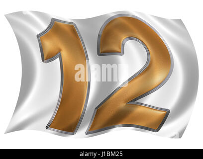 In the wind fluttering the flag with numeral 12, twelve, isolated on white background, 3d render Stock Photo