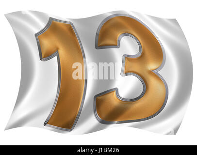 In the wind fluttering the flag with numeral 13, thirteen, isolated on white background, 3d render Stock Photo