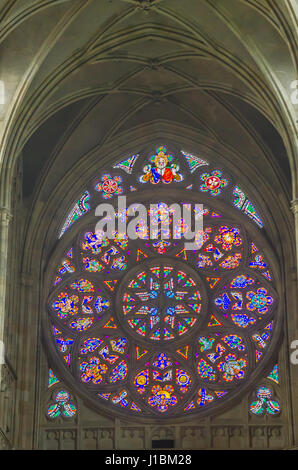 The new stained glass window, designed by Mucha, was installed in the north nave in 1931. Stock Photo