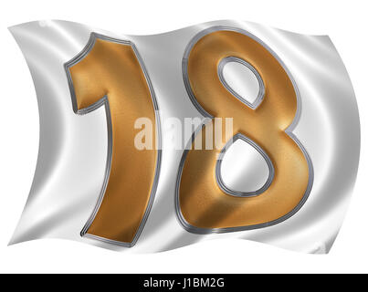 In the wind fluttering the flag with numeral 18, eighteen, isolated on white background, 3d render Stock Photo