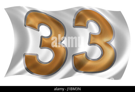 In the wind fluttering the flag with numeral 33, thirty three, isolated on white background, 3d render Stock Photo