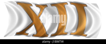 In the wind fluttering the flag with roman numeral XII, duodecim, 12, twelve, isolated on white background, 3d render Stock Photo