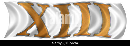 In the wind fluttering the flag with roman numeral XIII, tredecim, 13, thirteen, isolated on white background, 3d render Stock Photo