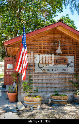 Entrance to the rustic Carhartt Vineyards' wine store & tasting room in Los Olivos, CA, in the heart of the Santa Ynez Valley Wine county, Stock Photo