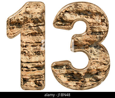 Numeral 13, thirteen, isolated on white, natural limestone, 3d illustration Stock Photo