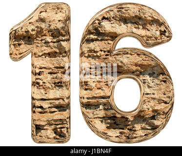 Numeral 16, sixteen, isolated on white, natural limestone, 3d illustration Stock Photo