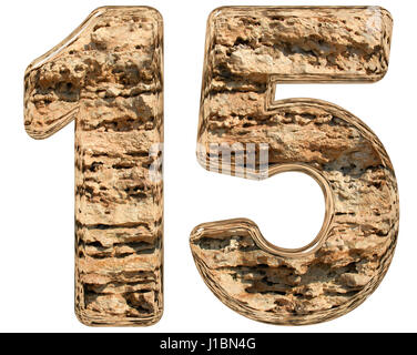 Numeral 15, fifteen, isolated on white, natural limestone, 3d illustration Stock Photo